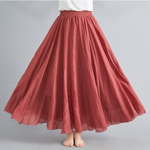 YYCZF High Quality Cotton Linen Maxi Skirt Womens Casual Elastic High Waist Pleated A-Line Beach Skirts Boho Saia Feminina Jupe