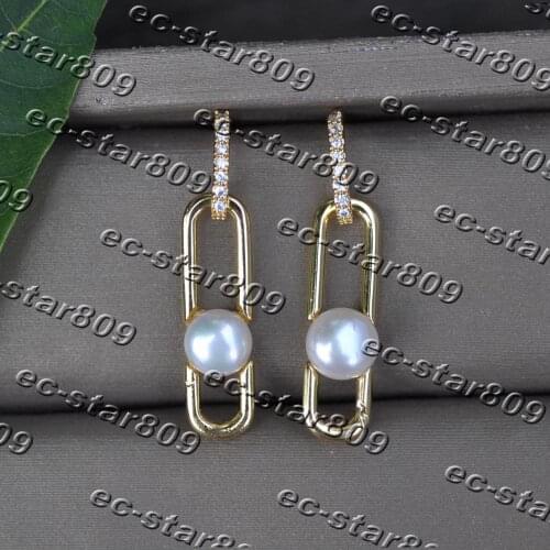 Z11441 7mm White Round Freshwater Pearl Rectangle Gold-plating Earring
