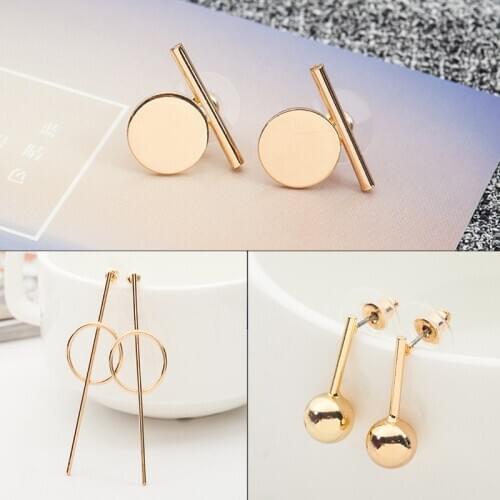 Geometric Elements Collocation Circle Stick Ball Golden Silver Plated Stud Earrings for Women