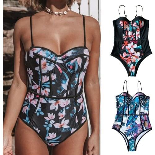 Womens Swimsuits Sexy Cut Out High Waist One-piece Flower Print Spaghetti Straps Women Bikini Swimsuit Summer Push Up Swimwear