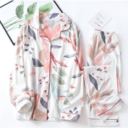 100% Cotton Women Pajama Set Long Sleeve Nightwear Turn-down Collar Leaves Printing Pajamas Loungewear Sleepwear pyjamas women