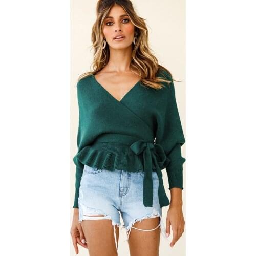 2021 Women Warm Loose Long Sleeve Knitwear All-Match Sweaters Solid Color Deep V-Neck Ruffled Pullover For Spring Autumn
