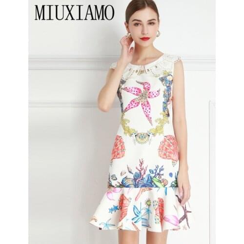MIUXIMAO 2021 Spring Summer O-Neck Starfish Shells Print Diamonds Sleeveless Elegant Casual Midi Trumpet Dress Women Vestidos