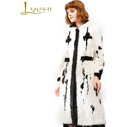 LVCHI Winter 2019 Import Crown Velvet Mink Coat Womens Natural Fur Coat Milk Color Print Polka Dot Print Slim X-Long Mink Coats
