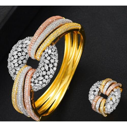 Blachette High Quality Luxury 2PCS Round Bangle Ring Shiny Cubic Zirconia Noble Wedding for Women Stone Party Wedding Jewelry
