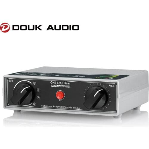 Douk Audio Mini 4 Channel Analog Audio Switcher with One Key Mute Volume Control RCA Stereo Splitter Box Passive Preamp