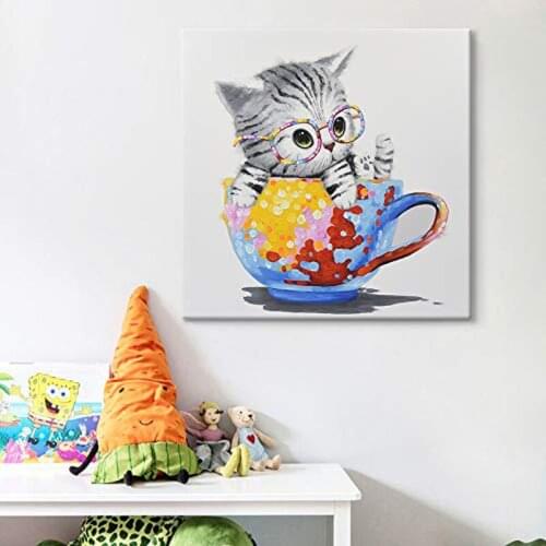 Modern Handmade Abstract Cute cat Poster Canvas Oil Painting Pictures Home Wall Art Decor For Kid Room As Christmas Gift