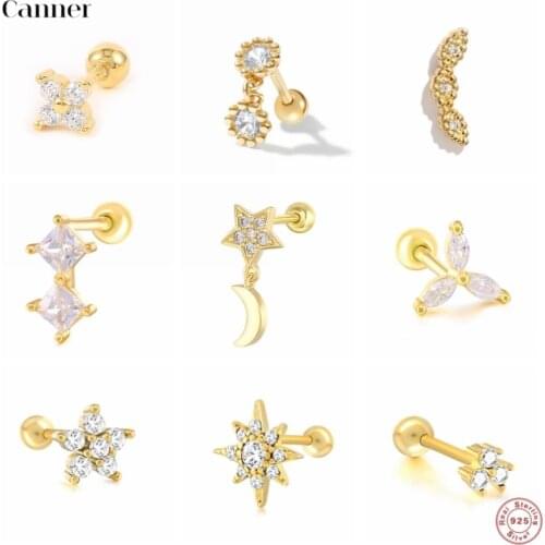 Canner 1pcs Luxury 100% 925 Sterling Silver Stud Earrings For Women Geometric CZ Earing Cartilage Piercing pendientes Aretes W5
