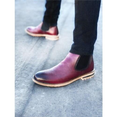 BOA Causal Sports Men Boots Chelsea Burgundy Rubber Band Classic Original Design Young Style Social Men 'S Fashion Half Ankle Boot BA0085