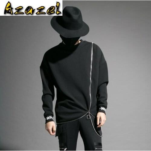 Tide Brand personality jacket male nightclub stage costume multi-zip round neck long-sleeved T-shirt men Fashion bottoming shirt