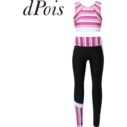 2Pcs Kids Girls Ballet Gymnastics Outfits Sleeveless Racerback Sport Suit Striped Crop Top + Pants Leggings Children Tracksuits