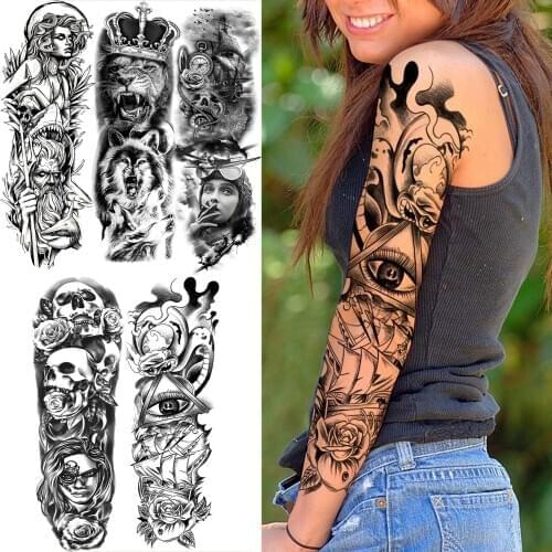 Devil Geometric Eye Sailing Ship Rose Temporary Tattoo Sleeve For Women Adult Lion Pilot Wolf Fake Tatoo Full Arm Tattoo Sticker