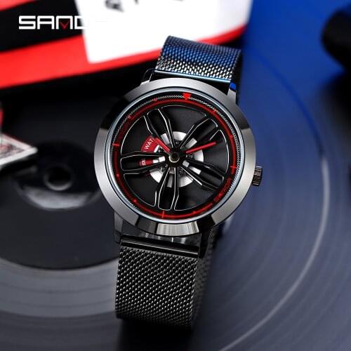 Hot Sell Men Business Watch 360 Degree Rotating Car Wheel Dial Clock Fashion Mesh belt Waterproof Rim Hub Wristwatch Relogio