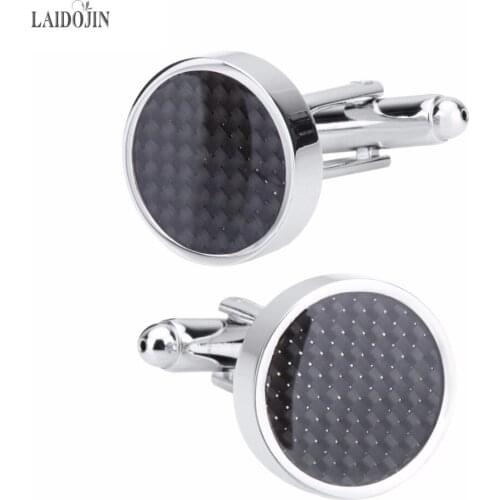 LAIDOJIN Round Black Carbon Fiber Cufflinks for Mens Shirt Cuff buttons High Quality Silver color Cuff link Brand Men Jewelry