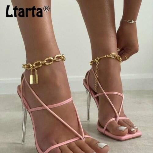 LTARTA Large Size 35-42 Womens Shoes Summer Sexy Square Toe Lock Chain Shoes Crystal Heel High Heel Sandals Women JXQ