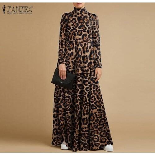 Plus Size Fashion Women Leopard Printed Long Dress ZANZEA 2021 Spring Turtleneck Long Sleeve Maxi Sundress Sexy Party Vestidos