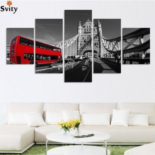 Fashion Black and white style scenery painting canvas print wall art picture for home decorations HD Bridge and red bus picture