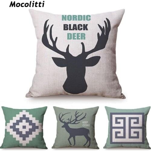 Nordic Style Deer Head Elk Print Cushion Cover Cotton Linen Geometric Letter Square Home Decoration Car Sofa Throw Pillow Cover