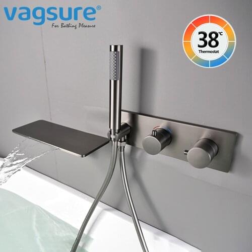 New Gun Gray Brushed Gold Black Thermostat Bathtub Faucet Wall Mounted Bath Tub Basin Waterfall Mixer Tap With Embedded Box