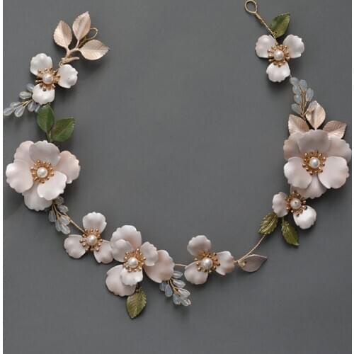 SLBRIDAL Handmade Ins Style Alloy Green Leaf Crystal Rhinestone Pearls Bridal Headband Wedding Headdress Hair Accessories Women