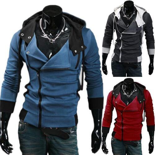 Plus Size Men Long Sleeve Diagonal Zipper Drawstring Hood Loose Slim Sports Coat