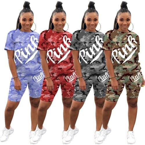 Sweatpants Set Short Sleeve Striped Pink Letter Print T Shirt Tops Pant Camouflage 2 Two Piece Set Women Tracksuit