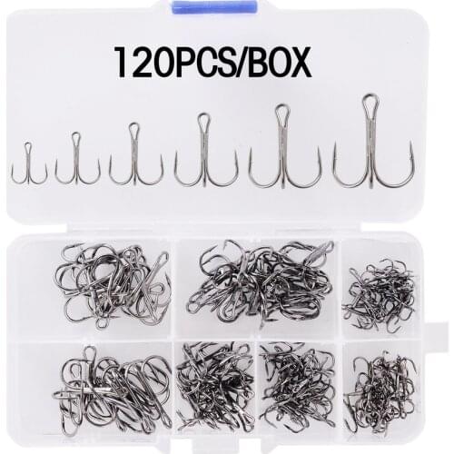 120/50pcs High Carbon Steel Treble Fishing Hooks Blank Hard Lure Round Bent Triple Artificial Lure Fishhooks Set With Box