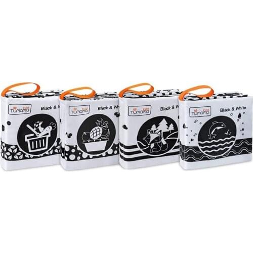 TUMAMA 4PCS Baby Soft Cloth Books Toys,Black and White Soft Books with Animals,Fruit,Vegetables Creatures Learning Toy for Baby