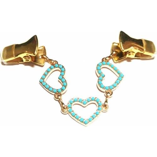 Vintage Green Stone Heart Sweater Clip Women Gold Jewelry Brooches Cardigan Clamp Shawl Guard Pins Clothing Decoration