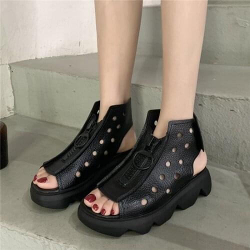 COOTELILI Woman Sandals Flat Shoes 2021 New Fashion Sandals Summer Shoes Round Toe 5cm Heel Zip Black Brown Size 35-40