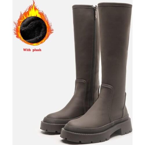 Za New Womens Long Boots Autumn Winter Chelsea Boots Leather Plush Chunky Heels Platform Boots Fashion Ladies Shoes Ankle Boots