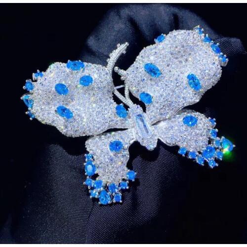 Cute romantic big blue butterfly brooch pins blue and white color mixed 925 sterling silver cubic zircon fine women jewelry