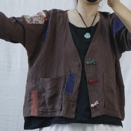 Johnature Cotton Linen Retro Patchwork V-neck Plate Buckle Half Sleeve Cardigan Shirt 2021 Autumn New Casual All-amtch Women Top