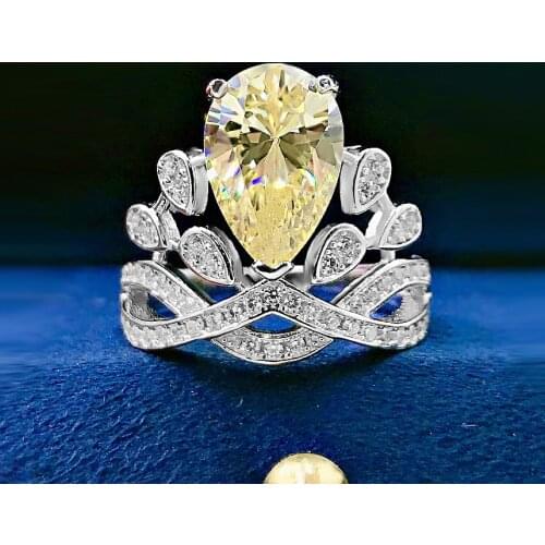 Crown Ring 925 Sterling Silver 8*12mm Pear-Shaped Cut Yellow High Carbon Diamond Wedding Rings For Women Fine Jewelry