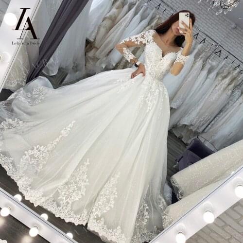 LelaAcra Long Sleeve Wedding Dress 2021 V-neck Appliqued Lace Up Bridal Gown Vintage Princess VL59 Plus Size Vestido De Novia