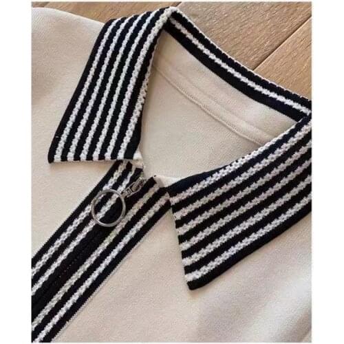 Spring Summer Womens Knitted dress turn down collar Slim Zipper White Striped ladies knee-length A-Line short Dresses