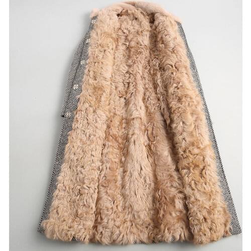2020 Real Coat Female Natural Lamb Fur Liner Tweed Wool Coats Belt Long Winter Jacket Women Mink Collar 18622 YQ1989