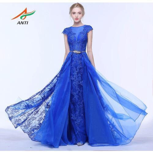ANTI Royal Blue Mermaid Evening Dress O-Neck Lace Two Pieces Sashes Formal Gowns For Wedding Party Celebrity Guest Dress 2019