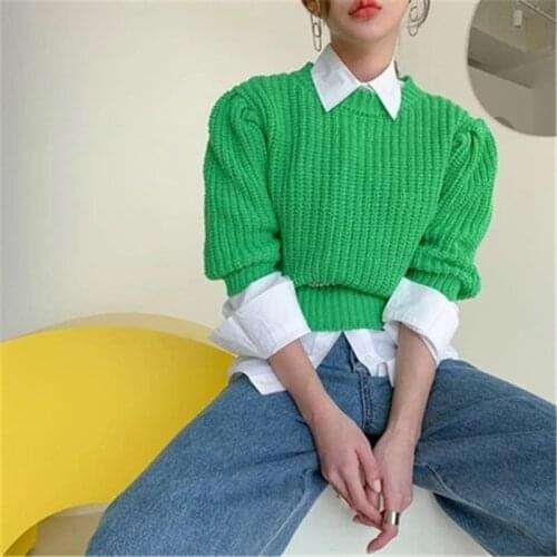 Winter Korean Style New Fashion Round Neck Puff Sleeve Loose High Waist All-match Short-sleeved Sweater Sweater 2021