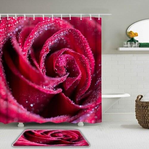 2/Pcs Red Rose Flowers Shower Curtains Set With Hooks Bathroom Waterproof Love Bath Curtains Non-slip Mat Toilet Decor Bath Mat