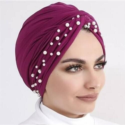 2021 New Muslim Women Suede Pearls Turban Caps Islamic Hijab Bonnet Femme Musulman Head Wrap India African Hat Turbante Mujer