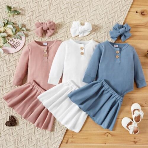 3Pcs Cute Newborn Baby Girls Outfits Suit Infant Girls Soft Cotton Long Sleeve Romper+Skirt+Bowknot Headband Toddler Autumn Set
