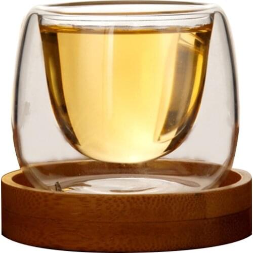 80ML Double-layer Glass Kungfu Tea Cup With Wooden Tray Heat-resistant Small Whisky Wine Cups Transparent Coffee Cup