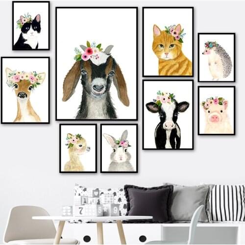 Alpaca Hedgehog Rabbit Deer Cattle Cat Animal Wall Art Canvas Painting Nordic Posters And Prints Wall Pictures Kids Room Decor