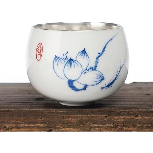 999 Pure Silver 90ml Tea Cup Ceramic Hand Painted Flower Art Teacup Master Small Tea Bowl Water Cup Teaware Container Decoration