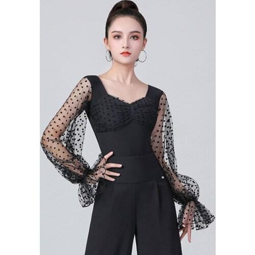 Black Sexy Latin Dance Tops leotard Women Modern Dance Clothes Long Seleeves Ballroom Dance Costumes TXH-DBL139