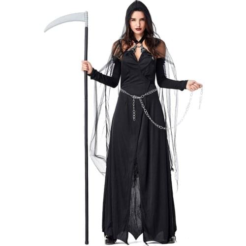 Black Gothic Grim Reaper Woman Halloween Witch Costumes Female Sorceress Cosplay Carnival Purim Masquerade Nightclub Party Dress