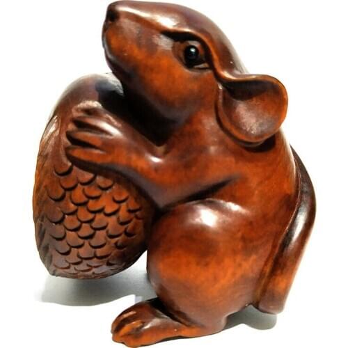 CQ021 - 2" Hand Carved Boxwood Netsuke Figurine Carving: Mouse and Fish