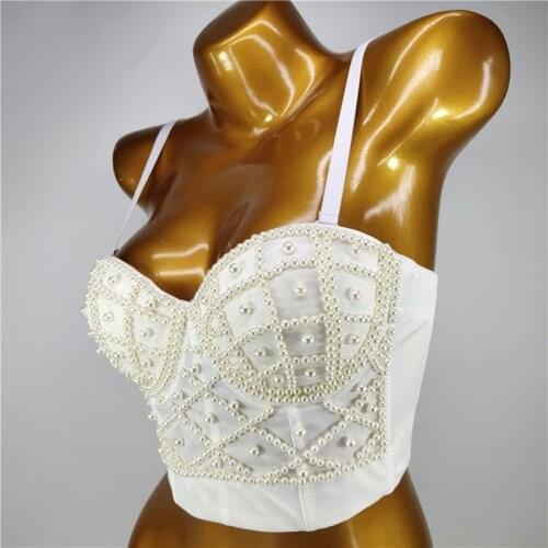 Cupnaya Pearls Embroidered Women Crop Top Sexy Ladies Spandex Spaghatti Strap Clubwear Bustier Cami Short Corset Black White