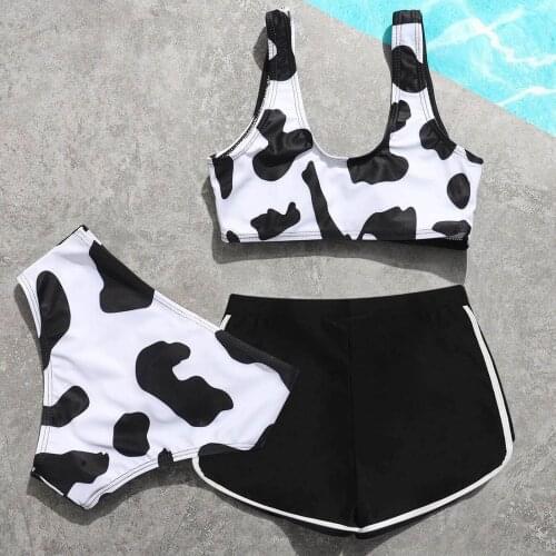 Childrens Swimwear Girls' Summer Cute Crisscross Back Cow Floral Print Three-piece Swimsuit Kids Bikini Lovely Girl Swimwear